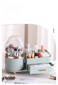 Detail of light green cosmetic organizer featuring a transparent dust-proof rotating brush dome