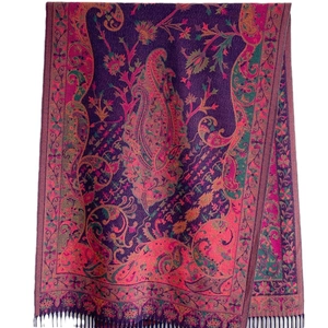 Ethnic paisley floral faux cashmere scarf with tassels in deep purple and gold
