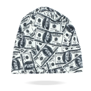 White knit beanie with all-over US dollar bill print featuring Franklin and 100 digit
