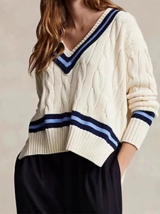 Classic V-neck cable knit sweater in cream with contrast blue stripes and loose fit