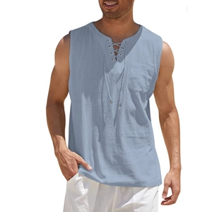 Men's light blue cotton linen sleeveless shirt with lace-up V-neck and chest pocket