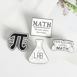 Set of 4 creative math and science enamel pins featuring pi symbol and lab flask designs