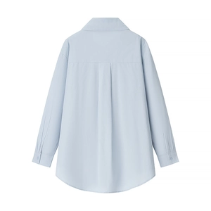Rear view of light blue casual long sleeve shirt with back pleat and curved hemline
