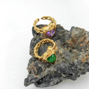 Gold plated titanium steel ring with heart shaped purple and green cubic zirconia
