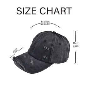 Detailed size chart for distressed washed baseball cap showing brim and height dimensions