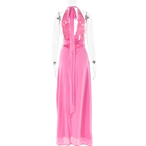 Detail of pink halter neck maxi dress with elegant backless lace-up design
