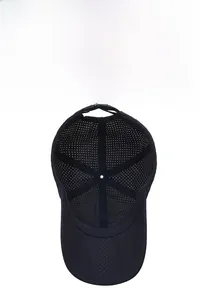 Detail view of breathable navy mesh baseball cap with adjustable plastic strap closure