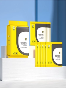 Detailed view of individual packaging for disposable waterproof toilet seat covers