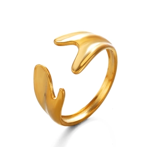 Irregular abstract stainless steel open ring in gold finish on white background