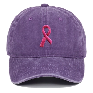 Casquette de baseball en coton lavé violet avec broderie ruban rose de sensibilisation