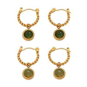 Elegant gold twisted hoop earrings with round green agate pendants in a 2-pair set display