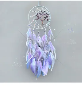 Macro detail of dream catcher tree of life with purple crystals and feathers