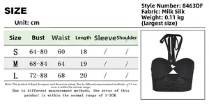 Size chart showing S M L measurements for the black halter neck backless crop top