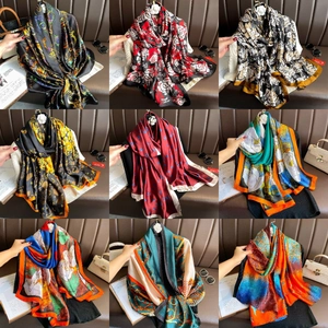 Detailed grid showcasing various floral and animal print silk scarves in diverse colors