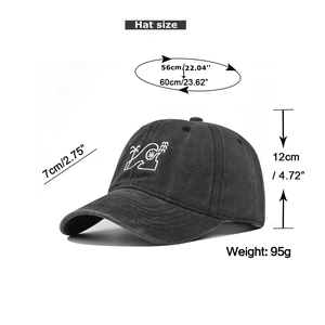 Detailed view of grey washed cotton baseball cap with 333 embroidery and size measurements