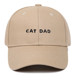 Khaki cotton baseball cap with black CAT DAD embroidery in a classic six-panel design