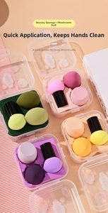 Detail view of colorful makeup sponge sets including mushroom head puff in clear cases