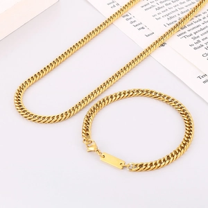 Men Hip Hop Curb Chain Necklace And Bracelet Stainless Steel Square Tag Pendant Punk Gothic Jewelry