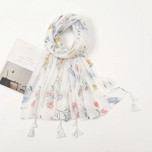 Women Floral Print Scarf Elegant Cotton Linen Feel White Scarf With Tassel Lightweight Summer Shawl For Travel Daily Wrap