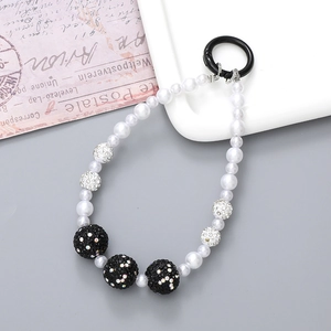 Fashion crystal beaded strap with white pearls and sparkling black spheres for phones