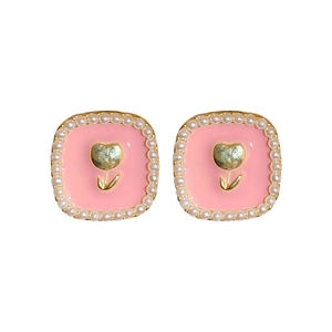 Sweet pink floral heart stud earrings with white pearls and gold vintage frames