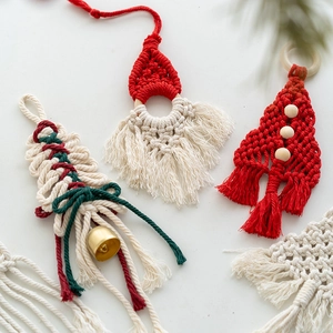 Handmade Macrame Christmas Ornaments with Santa and Tree shapes in festive red green white