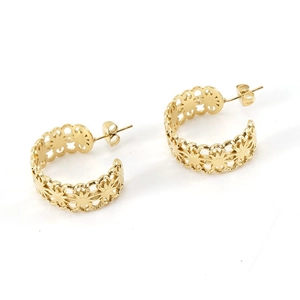 Chic hollow C-shaped gold stainless steel earrings with geometric cutouts and glossy finish