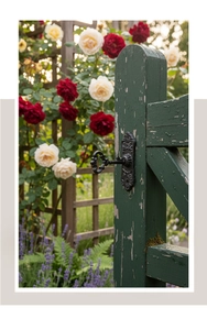 Poignée clé en fonte antique avec relief floral sur une porte en bois vert rustique