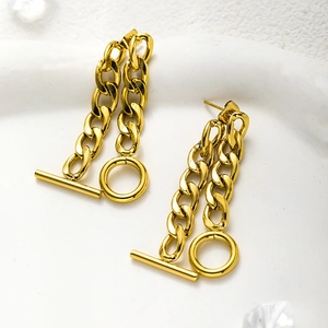 Detailed view of gold stainless steel chain earrings with OT buckle on a tray