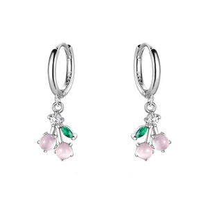 Pink cherry earrings with S925 silver needles, green leaf zircon, and white crystal beads