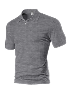 Detailed view of dark grey men's short sleeve shirt featuring textured plaid knit fabric