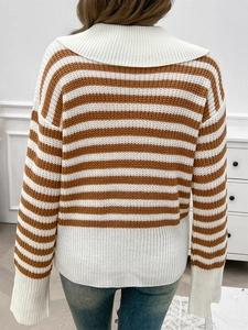 Rückansicht eines gestreiften Strickpullovers mit weitem Kragen und Rippbündchen für Damen