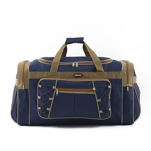 Large capacity navy blue waterproof travel duffel bag with khaki handles and zippers