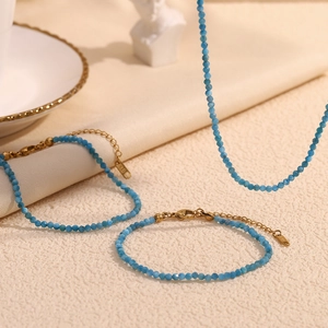 Vintage 18K gold plated stainless steel jewelry set with blue Larimar and Apatite stones