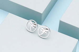 Detail of silver dragonfly stud earrings with zirconia on light blue geometric background