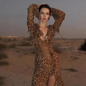 Sexy chiffon leopard print maxi dress with long sleeves, ruffles, and front slit cutout
