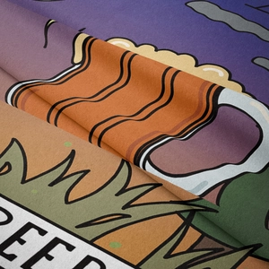 Detailed view of the soft flannel fabric texture with American cartoon beer print