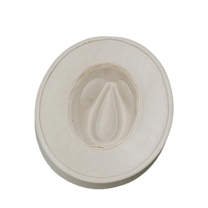 Detailed interior of a suede jazz hat showing sweatband and fine stitching quality