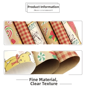 Close-up of vintage Christmas kraft wrapping paper with checkered and cartoon bear patterns