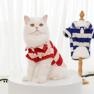 Breathable striped pet polo shirts for dogs and cats in red/white and blue/white colors