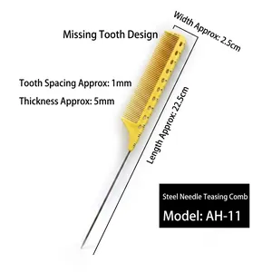 Yellow hair styling comb with scale measurements and stainless steel pin tail