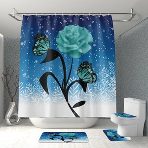 Polyester waterproof shower curtain with rose floral mats and butterfly pattern set