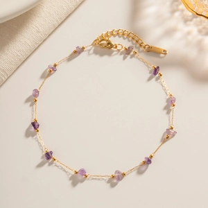 Bracelet De Cheville Plaqué Or 18K Acier Inoxydable Améthyste Violette Naturelle Chaîne Réglable Style Bohème