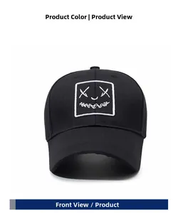 Detailed front view of black cotton baseball cap featuring cross-eyed smiley face embroidery