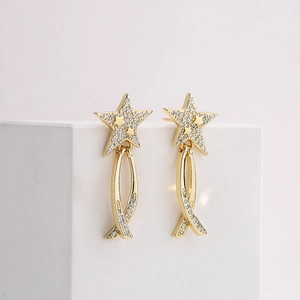 Elegant 18K gold plated copper star dangle earrings with pavé zircon geometric ribbons