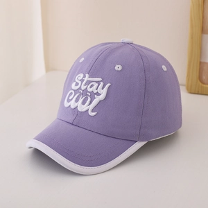 Detail of purple cotton baseball cap with 3D stay cool embroidery and white piping