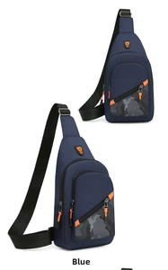 Detail of blue men's chest bag with camo pattern and bright orange zipper accents