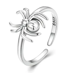 925 Sterling Silver Spider Open Ring For Women Punk Gothic Style Adjustable Animal Insect Jewelry Finger Band Gift