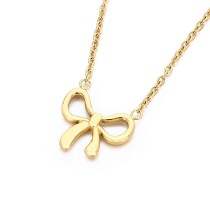 Minimalist gold stainless steel bow necklace with a delicate 3D bow pendant on a thin chain