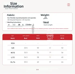 Size chart for recycled yoga tank top with detailed fabric and care instructions